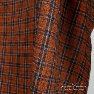Oranssi ruudullinen pesty pellavavillakangas 11 Orange linen wool fabric in checks, perfect for clothes and home textile