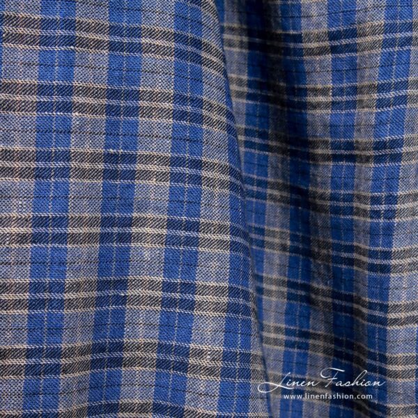 Blue linen wool fabric in checks, perfect for clothes, scarves and shawls