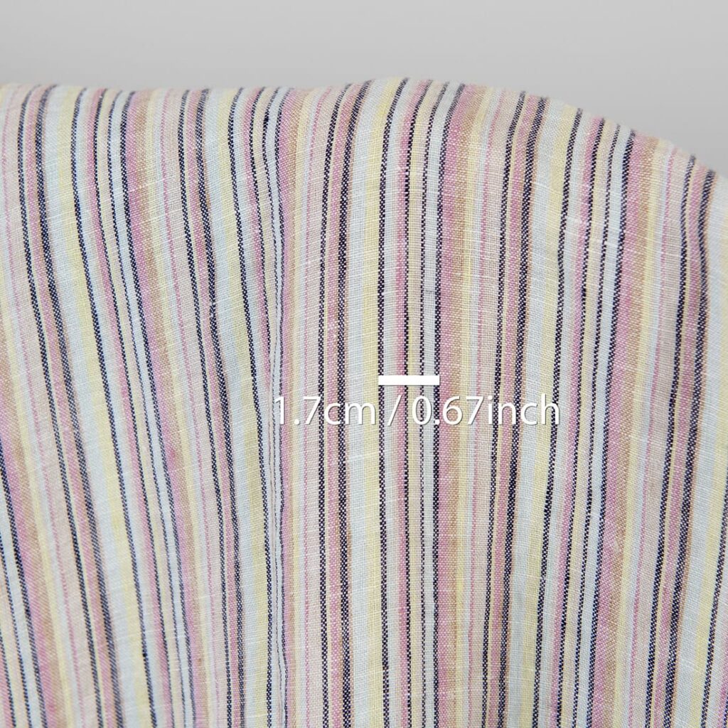 Pellava-hamppukangas monivärinen tummansinisillä raidoilla pesty 4 Linen hemp fabric multicolour with dark blue stripes washed, with measurements