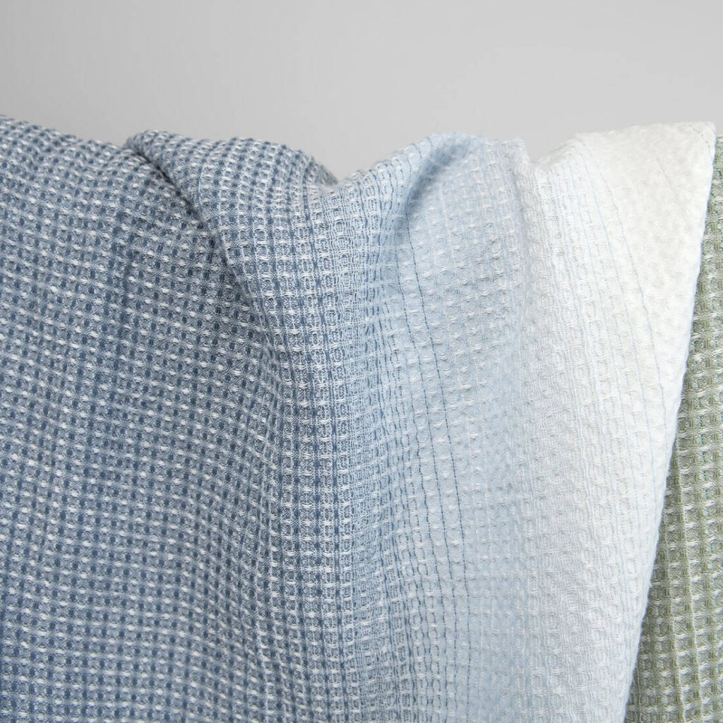 Puuvilla-hamppu pesty vohveli sinivihreä kangas 3 cotton hemp waffle fabric, green, blue, off white