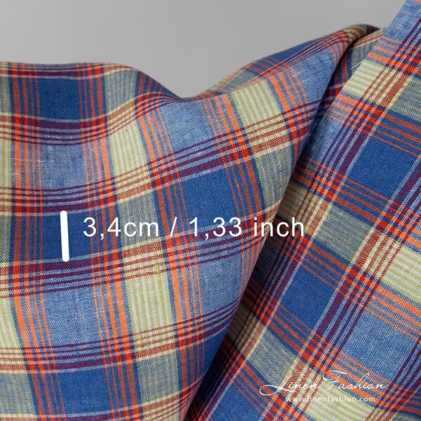 100% linen fabric in blue orange checks.