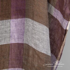 Linen fabric in wide stripes woven from violet, grey, black, yellow and brown yarns