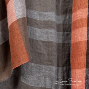 Pellavakangas oransseilla ja ruskeilla raidoilla pesty 11 Linen fabric in orange, brown stripes