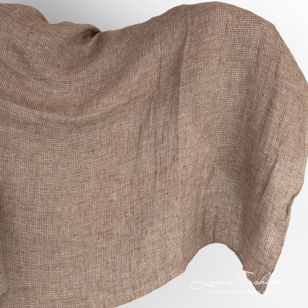 Brown linen fabric in "waffle" checks, washed
