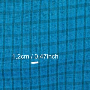 Pellavakangas, sähkönsiniset ja turkoosit läpikuultavat ruudut