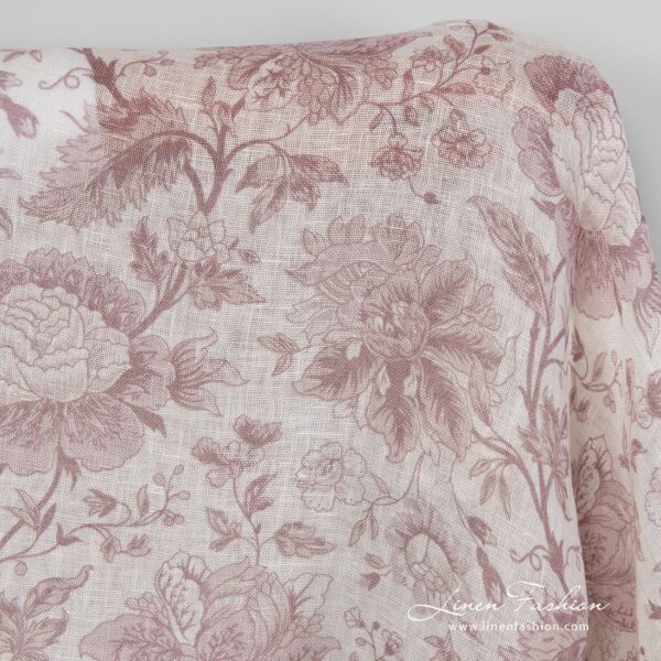 100% linen fabric with rosy flower pattern.