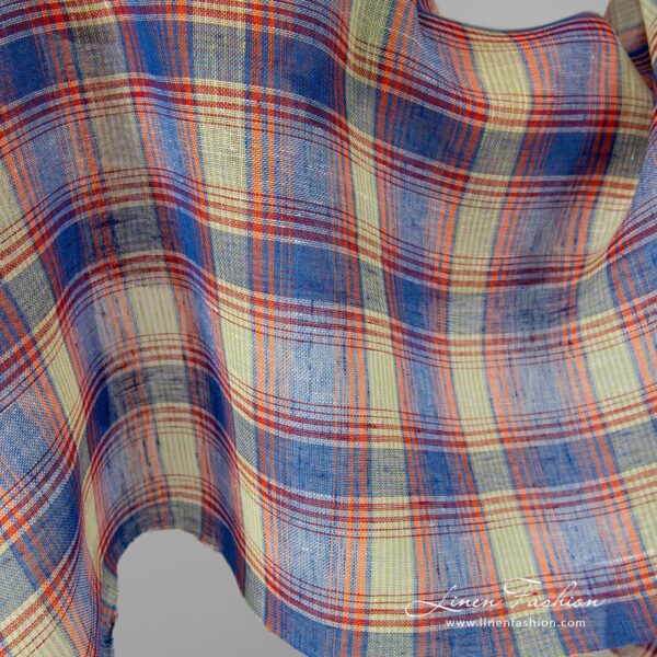 Blue orange linen fabric in checks.