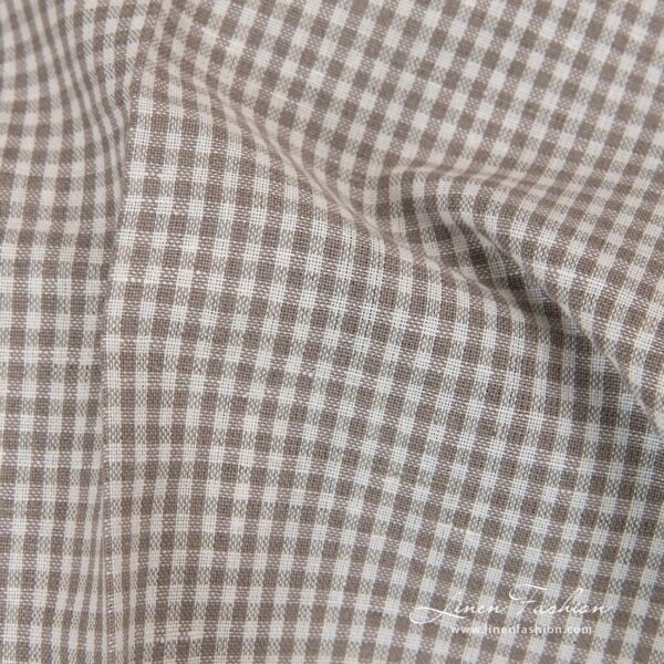 Grey white checked linen cotton fabric.