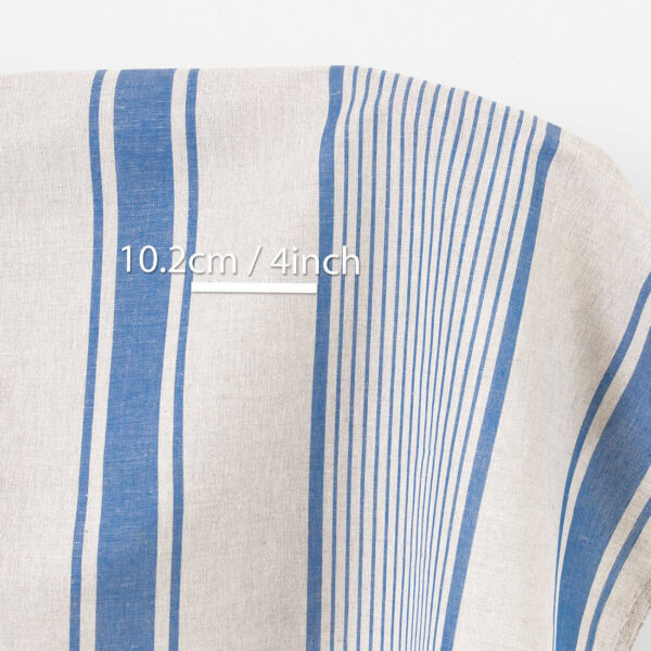 Linen cotton fabric beige with blue stripes, with undyed linen