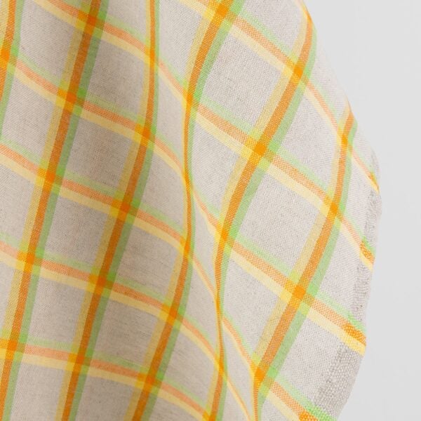 Grey linen cotton fabric in colourful checks, 150cm width