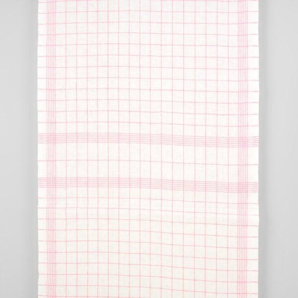 Narrow linen fabric off-white with bright pink checks
