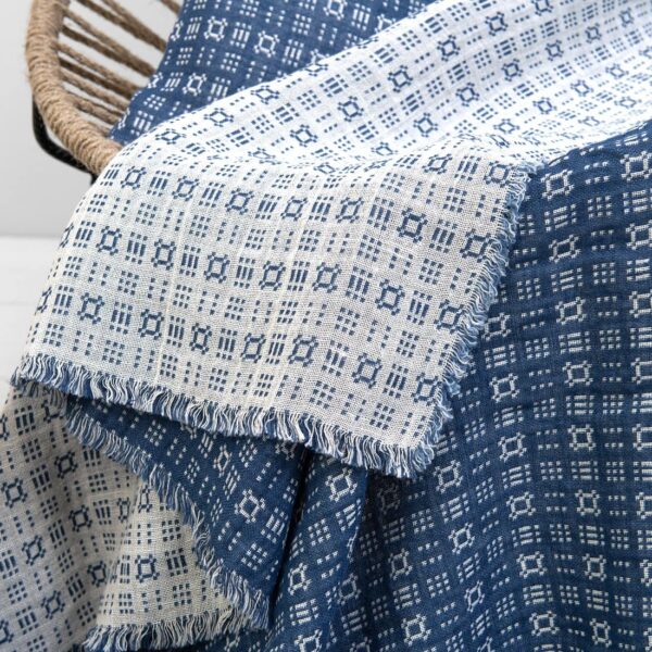 Blue white linen cotton blanket, with fringe