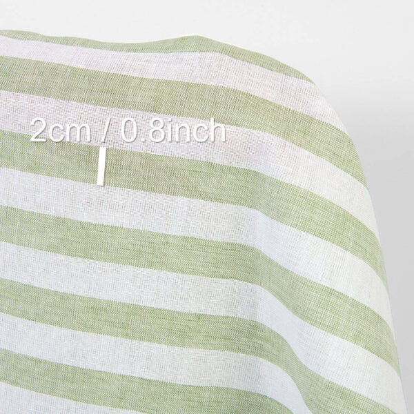 Linen cotton fabric in green and white stripes, with measurements